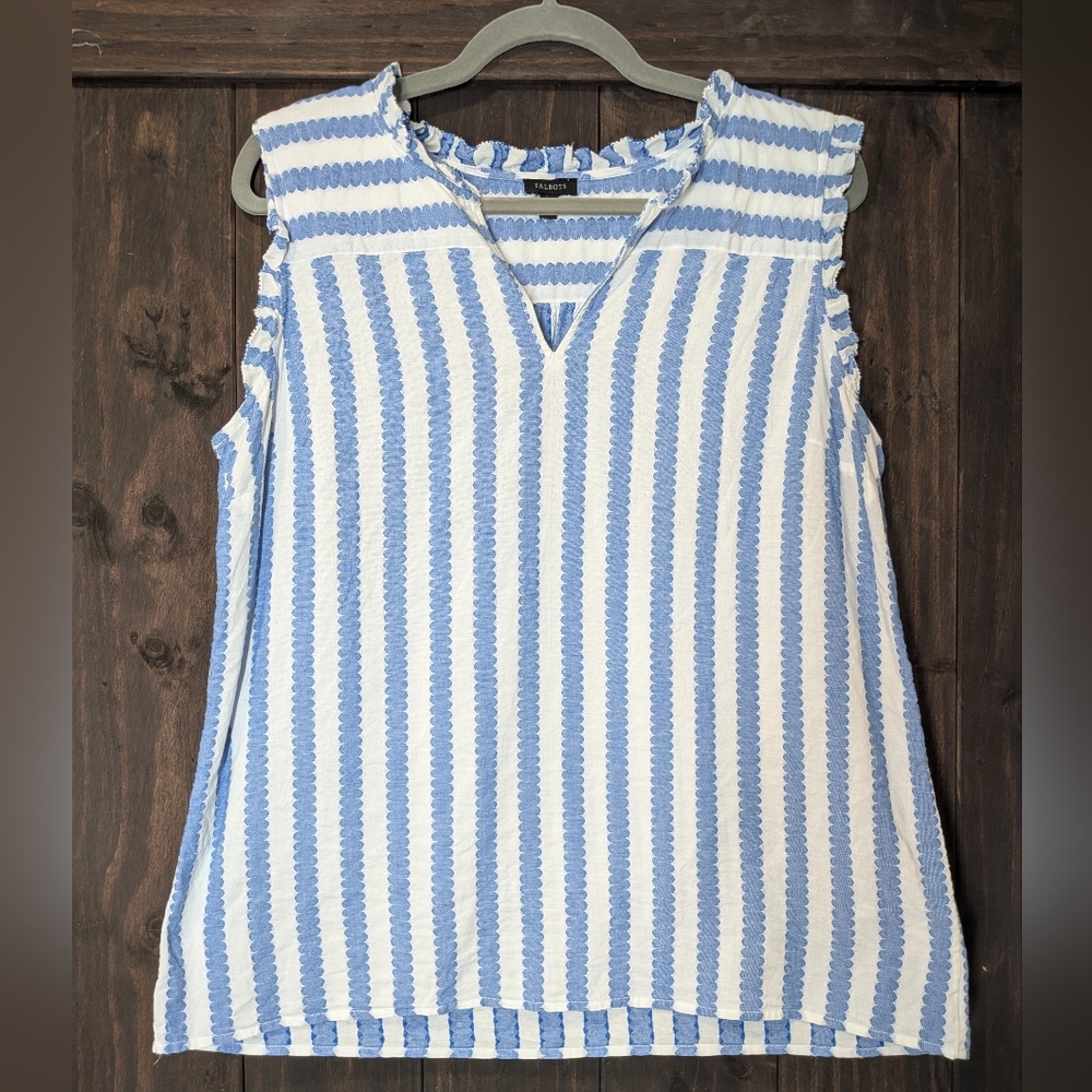 Talbots Blue & White Textured Striped Sleeveless Top – Size Large